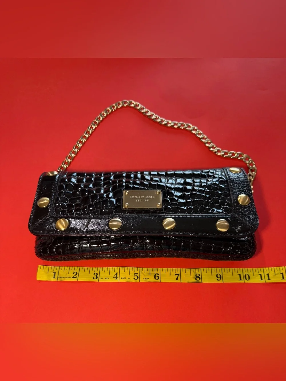 Michael Kors Black Croc-Embossed purse with Gold Chain